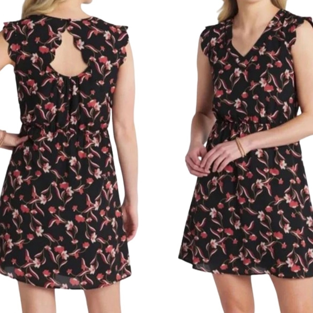 41 Hawthorn Midnight Scallop Ruffled Mini Dress Black Floral XS NWOT